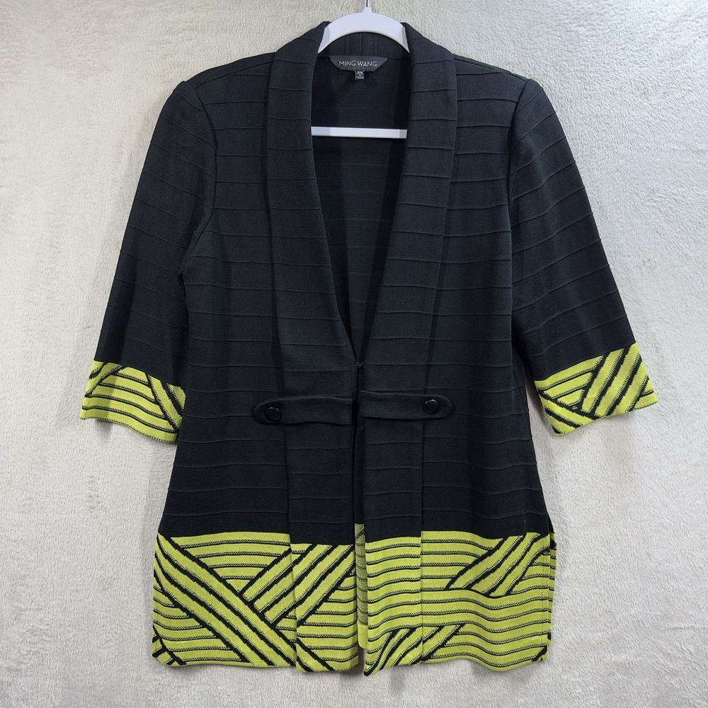 Ming Wang Jacket XS Black Ribbed Knit Green Trim Cardigan Career Blazer